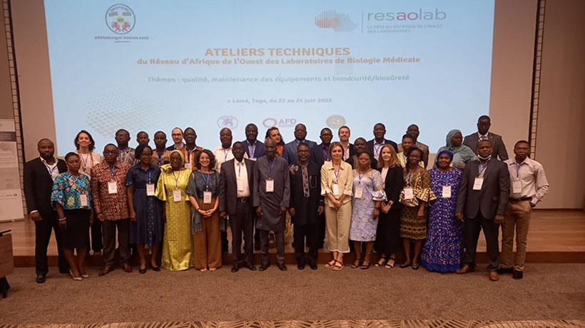 Three of the fellows from Senegal, with two experts from the Mérieux Foundation